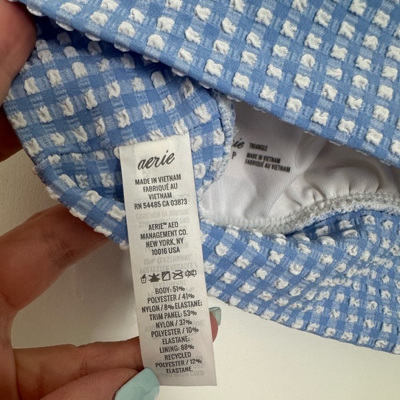 AERIE seersucker ruffle longline triangle bikini top plaid blue and white Size S - Picture 9 of 10